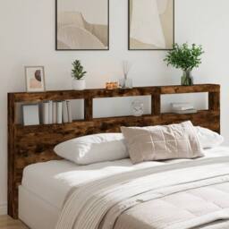 Berkfield Home Headboard Cabinet with LED Smoked Oak 220x17x102 cm in Brown - Size: 220 x 17 x 102 cm - thumbnail 2