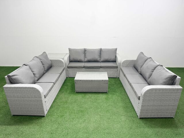 Fimous PE Rattan Lounge Sofa Set 9 Seater Outdoor Garden Furniture Set with Rectangular Coffee Table 3 Seater Sofa Side Table Light Grey - image 1