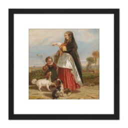 Artery8 Etienne Roqueplan Woman & Child With Dogs Painting 8X8 Inch Square Wooden Framed Wall Art Print Picture with Mount in Black - thumbnail 1