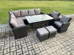 Fimous 10 Seater Garden Rattan Furniture Corner Dining Set with 2 Small Footstools Armchair Indoor Outdoor Lounge Sofa Set Dark Grey Mixed - thumbnail 2