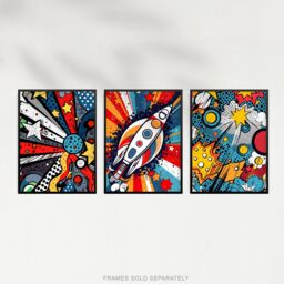 Artery8 Wall Art Print Set of 3 Space Pop Art Comic Book Style Artwork Planet Stars & Rocket Kids Bedroom Living Room Poster s Pack - thumbnail 5