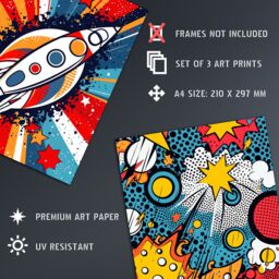 Artery8 Wall Art Print Set of 3 Space Pop Art Comic Book Style Artwork Planet Stars & Rocket Kids Bedroom Living Room Poster s Pack - thumbnail 4