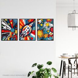 Artery8 Wall Art Print Set of 3 Space Pop Art Comic Book Style Artwork Planet Stars & Rocket Kids Bedroom Living Room Poster s Pack - thumbnail 3