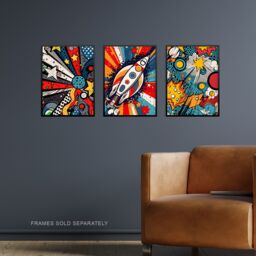 Artery8 Wall Art Print Set of 3 Space Pop Art Comic Book Style Artwork Planet Stars & Rocket Kids Bedroom Living Room Poster s Pack - thumbnail 2