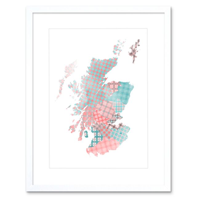 "Artery8 Wall Art Print Scotland Tartan Map Pink Framed in White - Size: W7"" x H9""" - image 1
