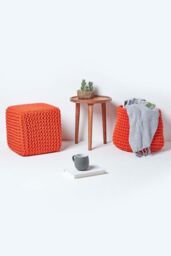 Homescapes Cube Cotton Knitted Pouffe Footstool in Burnt Orange - thumbnail 6
