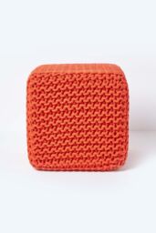 Homescapes Cube Cotton Knitted Pouffe Footstool in Burnt Orange - thumbnail 1