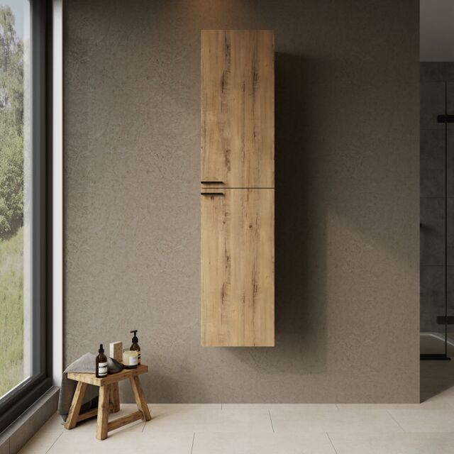 Banyetti Celtic 1500mm Wall Hung Tall Cabinet with Matt Black Handles - Ostippo Oak in Light Oak - image 1