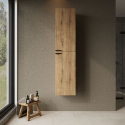 Banyetti Celtic 1500mm Wall Hung Tall Cabinet with Matt Black Handles - Ostippo Oak in Light Oak