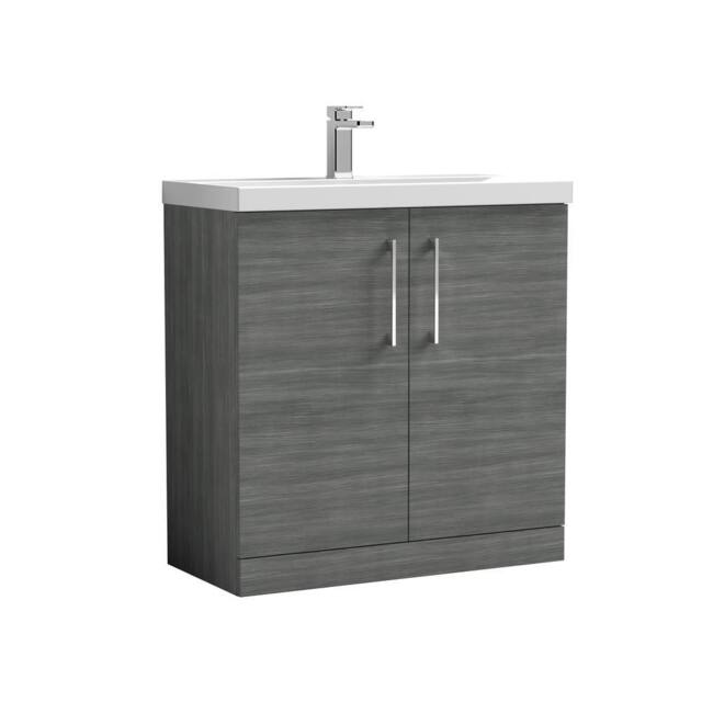 Balterley Contemporary Bathroom Floor Standing 2 Soft-Close Door Vanity Unit & Mid-Edge Ceramic Basin, Anthracite Woodgrain, 800mm in Grey - image 1