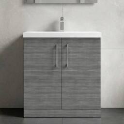 Balterley Contemporary Bathroom Floor Standing 2 Soft-Close Door Vanity Unit & Mid-Edge Ceramic Basin, Anthracite Woodgrain, 800mm in Grey - thumbnail 9