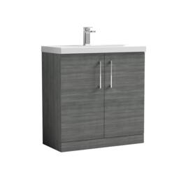 Balterley Contemporary Bathroom Floor Standing 2 Soft-Close Door Vanity Unit & Mid-Edge Ceramic Basin, Anthracite Woodgrain, 800mm in Grey