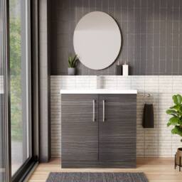 Balterley Contemporary Bathroom Floor Standing 2 Soft-Close Door Vanity Unit & Mid-Edge Ceramic Basin, Anthracite Woodgrain, 800mm in Grey - thumbnail 2