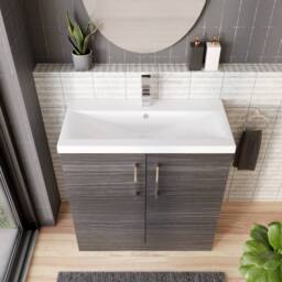 Balterley Contemporary Bathroom Floor Standing 2 Soft-Close Door Vanity Unit & Mid-Edge Ceramic Basin, Anthracite Woodgrain, 800mm in Grey - thumbnail 3