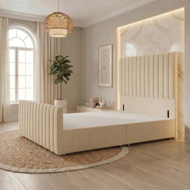 "Somnior Eleanor Linen Divan Base No Drawers 54"" Headboard & 22"" Footboard in Beige - Size: Small Double" - image 1