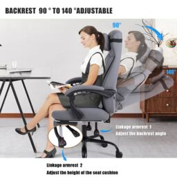 FURNITURE ONE Linen Effect Gaming PC Chair, Gas Lift Swivel High Back Ergonomic Chair - 90-155 Degree Recliner in Light Grey - Size: 1 Pack - thumbnail 4