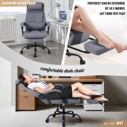 FURNITURE ONE Linen Effect Gaming PC Chair, Gas Lift Swivel High Back Ergonomic Chair - 90-155 Degree Recliner in Light Grey - Size: 1 Pack - thumbnail 5