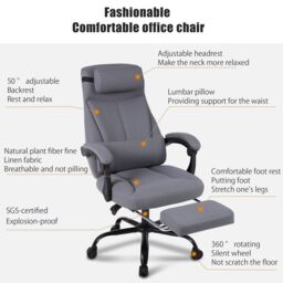 FURNITURE ONE Linen Effect Gaming PC Chair, Gas Lift Swivel High Back Ergonomic Chair - 90-155 Degree Recliner in Light Grey - Size: 1 Pack - thumbnail 6