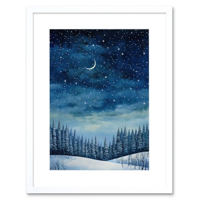 Artery8 Wall Art Print Clear Sky Starry Night in Forest Covered with Snow Oil Painting Crescent Moon Winter Landscape Artwork Framed 9X7 Inch - image 1