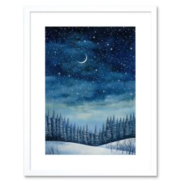 Artery8 Wall Art Print Clear Sky Starry Night in Forest Covered with Snow Oil Painting Crescent Moon Winter Landscape Artwork Framed 9X7 Inch - thumbnail 1