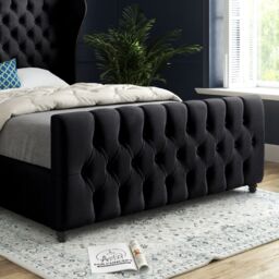 Casani Donati Straight Curved Top Upholstered Soft Velvet Bed Frame in Black - Size: Double - thumbnail 3