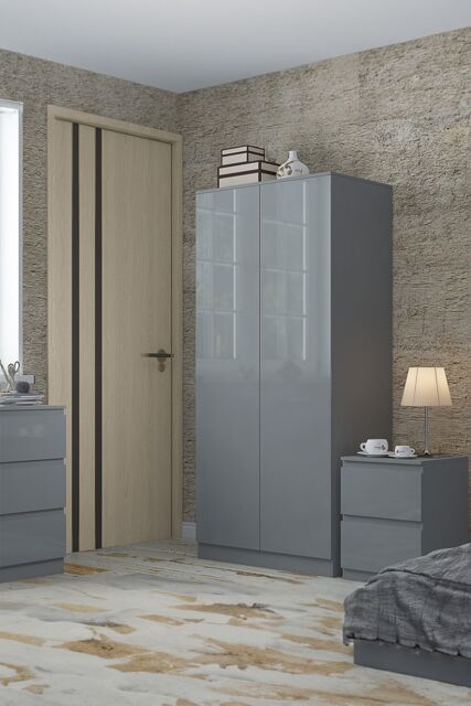 FWStyle Stora Grey Gloss 2 Door Double Wardrobe Push To Open Soft Close (H) 180 (W) 80 (D) 50cm - image 1