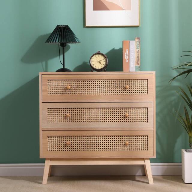 SPOT ON DEALZ Rattan Bedside Cabinet Chest of 3 Drawers Small Bed Side Table in Light Oak - image 1
