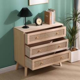 SPOT ON DEALZ Rattan Bedside Cabinet Chest of 3 Drawers Small Bed Side Table in Light Oak - thumbnail 3