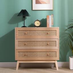 SPOT ON DEALZ Rattan Bedside Cabinet Chest of 3 Drawers Small Bed Side Table in Light Oak - thumbnail 1
