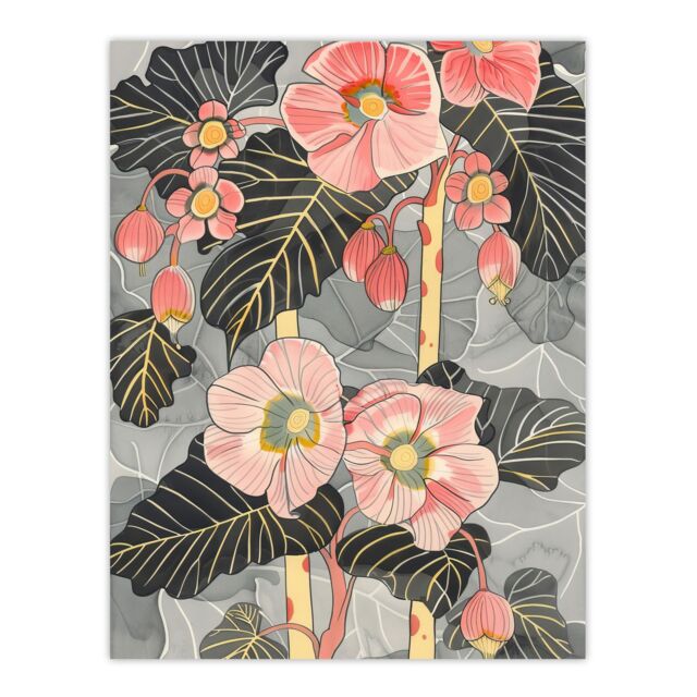 "Artery8 Blooming Pink Begonia Flowers Stylised Floral Wall Art Print - Size: W24"" x H32""" - image 1