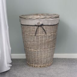 JVL Arianna Round Tapered Willow Linen Laundry Basket, Grey Wash in Mid Grey - Size: Medium - thumbnail 5