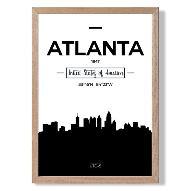 ARTZE Atlanta Black & White City Skyline Framed Print SIZE: A3 with Oak Frame - Size: A4 - image 1