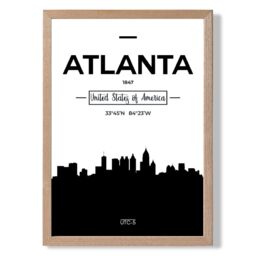 ARTZE Atlanta Black & White City Skyline Framed Print SIZE: A3 with Oak Frame - Size: A4