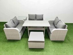 Fimous 7 Seater PE Wicker Rattan Furniture Sofa Sets with Rectangular Dining Table 2 Seater Love Sofa Big Footstool Side Table Light Grey - thumbnail 1