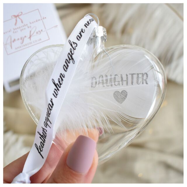 Amaya Rose Ltd In Memory of DAUGHTER Feather Heart Bauble Gift Boxed in Clear