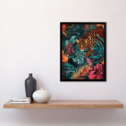 "Artery8 Wall Art Print Fierce Leopard Exotic Floral Jungle Plants Art Framed Poster in Black - Size: W12"" x H16""" - thumbnail 4
