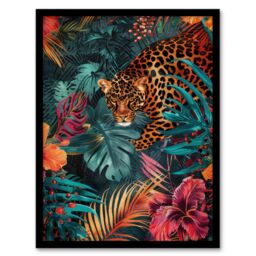 "Artery8 Wall Art Print Fierce Leopard Exotic Floral Jungle Plants Art Framed Poster in Black - Size: W12"" x H16""" - thumbnail 1