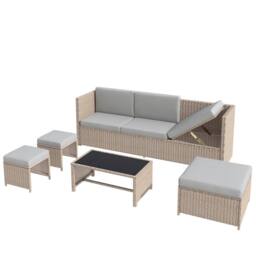 FENCHILIN Garden Sofa Set Rattan Sofa with Table, Stools Patio Lounge Set in Khaki - thumbnail 8