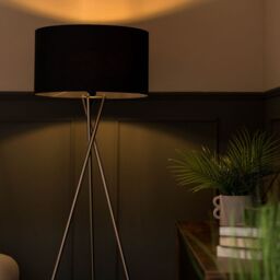 ValueLights Camden Polished Chrome Tripod Floor Lamp with Black Drum Lamp Shade - thumbnail 4