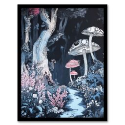 "Artery8 Magical Forest Mushroom Wildflower Path Fantasy Framed Art Print in Blue - Size: W12"" x H16""" - thumbnail 1