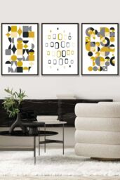 ARTZE Mid Century Graphical Grey Yellow Framed Wall Art - Large in Black - Size: W53 cm x H73 cm x D20mm - thumbnail 1