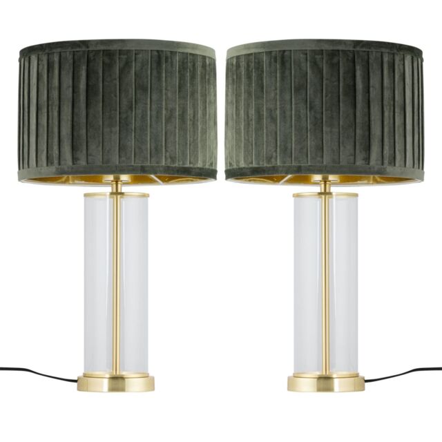 First Choice Lighting Set of 2 Aura - Satin Brass Lamps with Green Pleated Velvet Shades in Gold - image 1