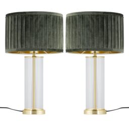 First Choice Lighting Set of 2 Aura - Satin Brass Lamps with Green Pleated Velvet Shades in Gold
