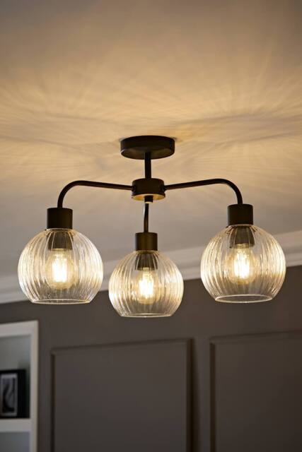 ValueLights Maddison Clear Ribbed Glass Globe Shades 3 Arm Ceiling Light in Black - image 1