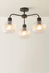ValueLights Maddison Clear Ribbed Glass Globe Shades 3 Arm Ceiling Light in Black - thumbnail 3