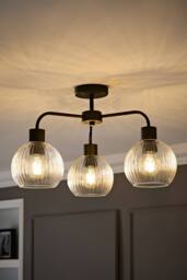 ValueLights Maddison Clear Ribbed Glass Globe Shades 3 Arm Ceiling Light in Black - thumbnail 1