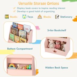 Gymax 4-Tier Bookcase Toy Organizer 3 Shelves Rack Montessori Bookshelf Pink in Light Pink - thumbnail 3