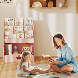 Gymax 4-Tier Bookcase Toy Organizer 3 Shelves Rack Montessori Bookshelf Pink in Light Pink - thumbnail 2