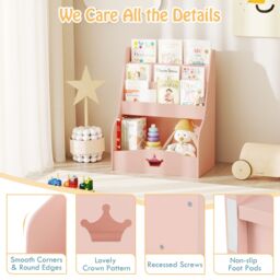 Gymax 4-Tier Bookcase Toy Organizer 3 Shelves Rack Montessori Bookshelf Pink in Light Pink - thumbnail 7