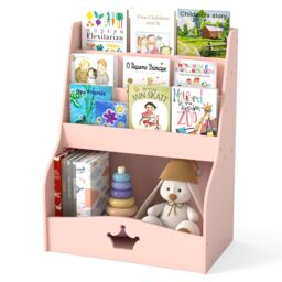 Gymax 4-Tier Bookcase Toy Organizer 3 Shelves Rack Montessori Bookshelf Pink in Light Pink - thumbnail 1